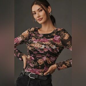 Maeve By Anthropologie Colorful Floral Sheer Ruched Long Sleeve Top Small